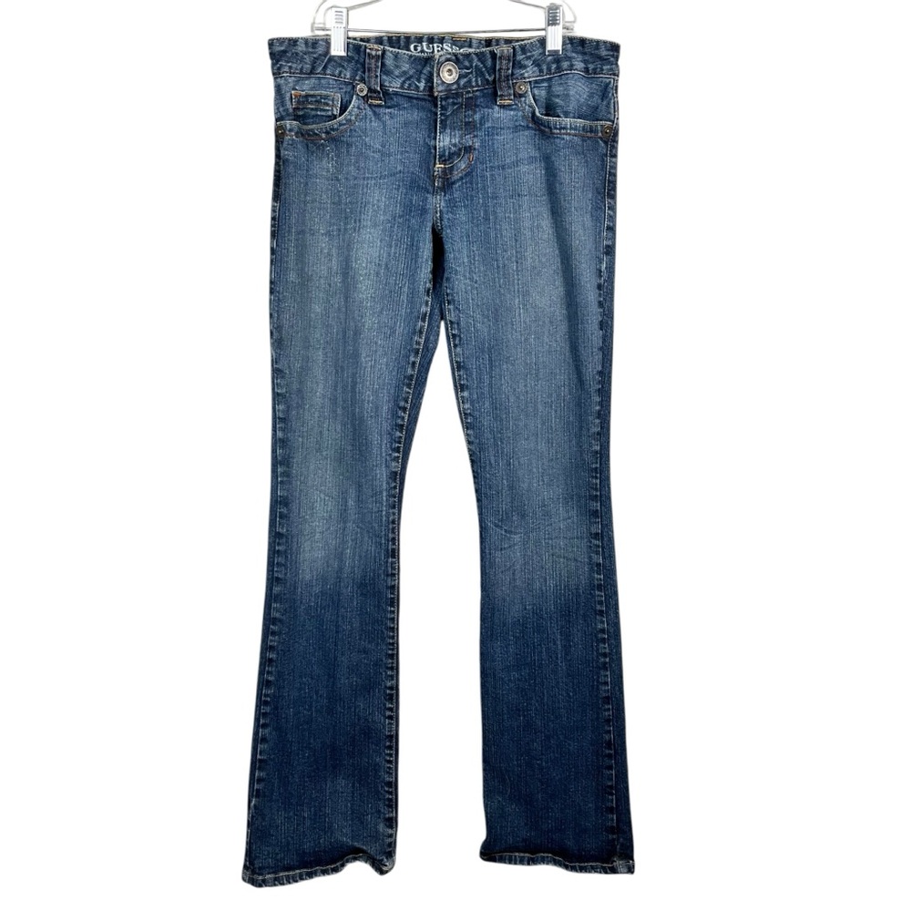 Vintage Y2K Guess Daredevil Boot Cut Dark Wash Low Rise Jeans 30x32 Embroidered